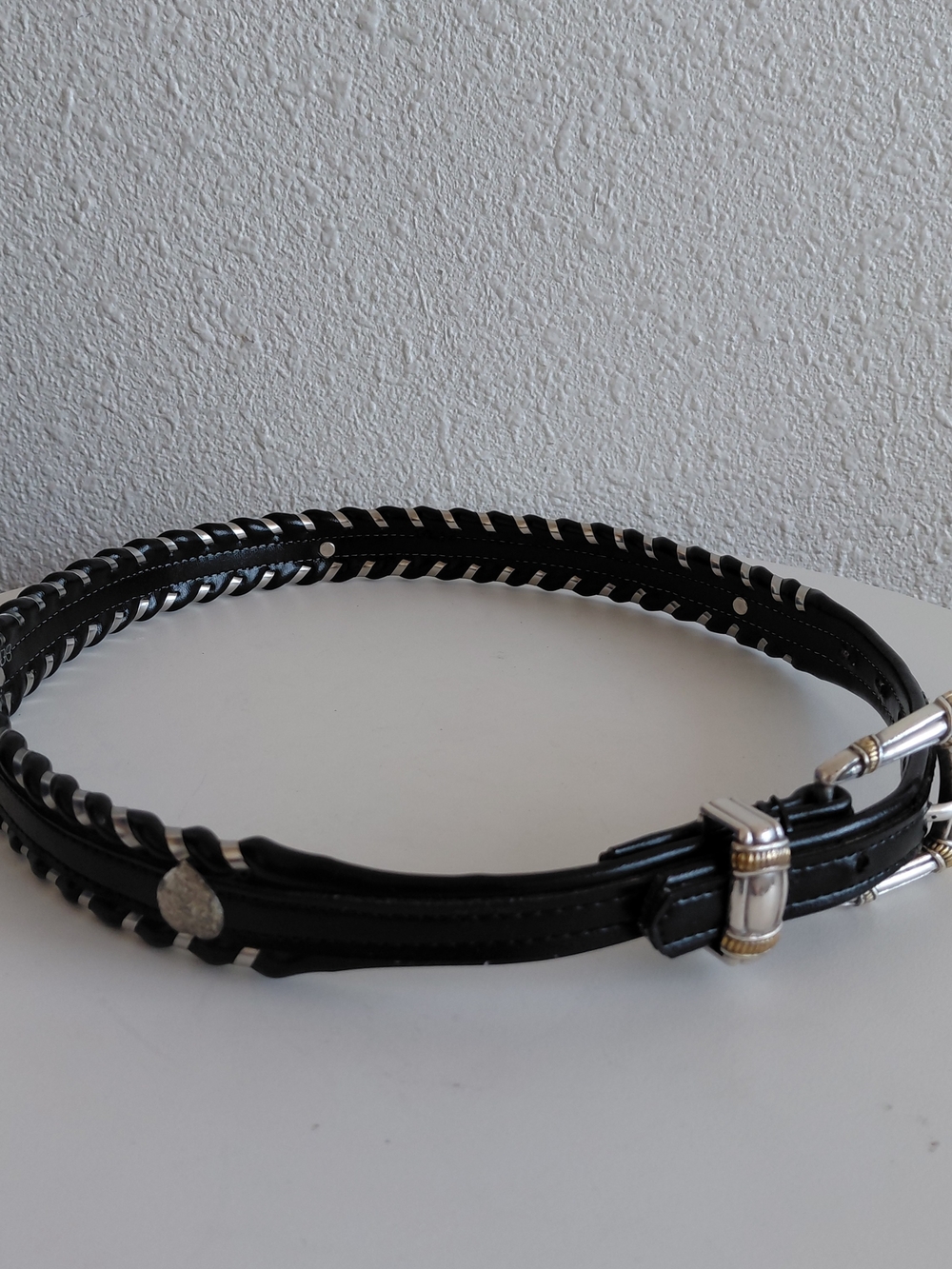 Fisher Whipstitch Belt Men’s 28 Metal Black Leather Western USA VTG Texas USA.
